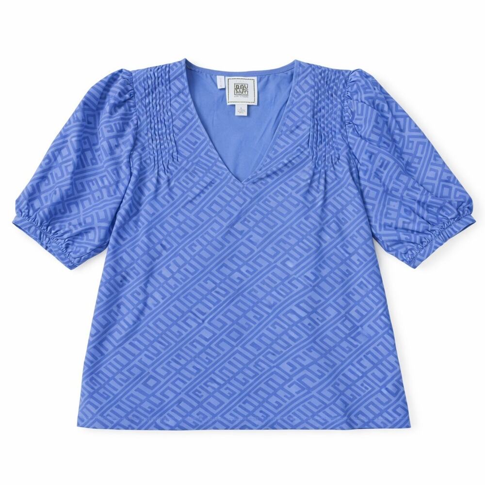 Emily McCarthy Penny Top Blueberry Monogram Blouse Women’s Large Puff Sleeve